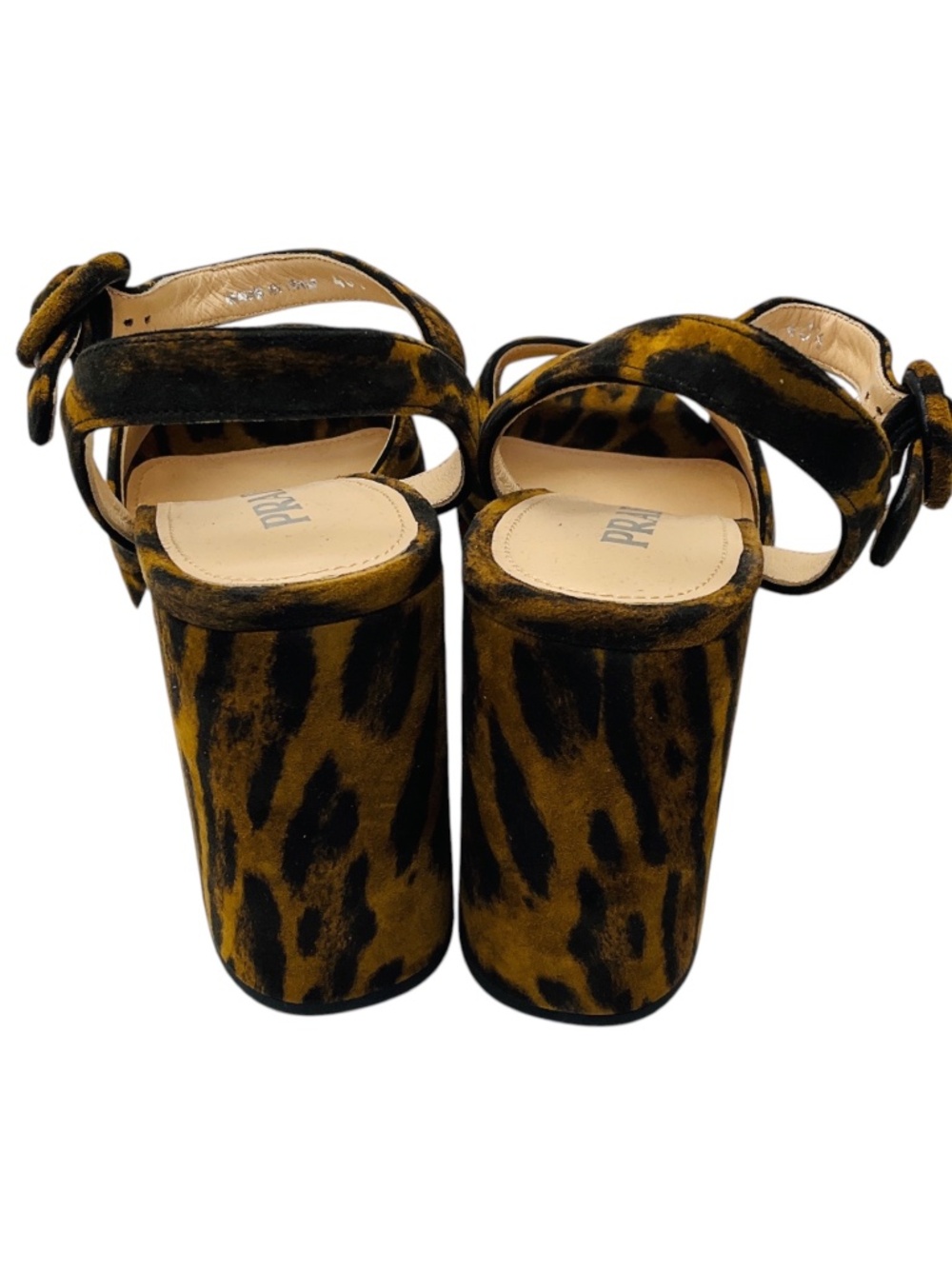 PRADA LIGHT BROWN / BLACK ANIMAL PRINT CHUNKY HEEL SUEDE PLATFORM SANDALS - Picture 5 of 8